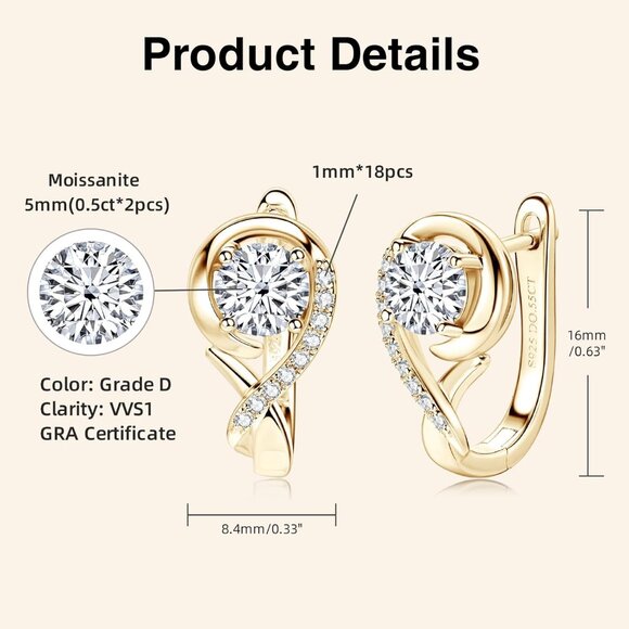Moissanite Hoop Earrings for Women, Lab Imitation Diamond Huggie Earrings, 18K W - Picture 5 of 6
